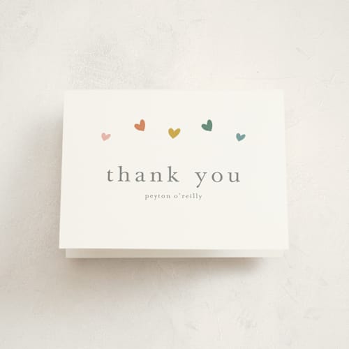 This is a hearts rainbow baby shower thank you cards with standard by Stacey Meacham called tiny hearts printing on strathmore in standard