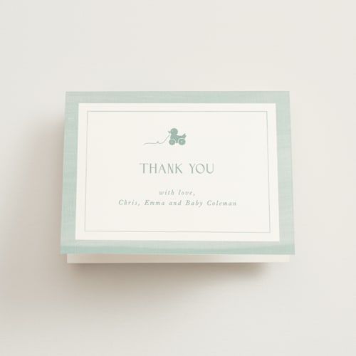 This is a sage baby shower thank you cards with standard by Melinda Denison called simply classic printing on strathmore in standard