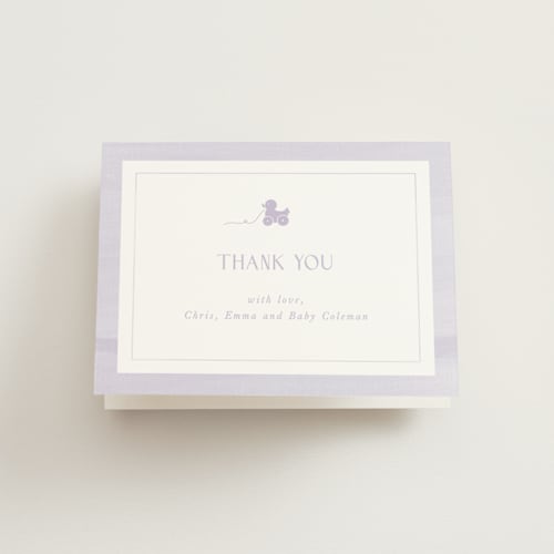This is a lavender baby shower thank you cards with standard by Melinda Denison called simply classic printing on strathmore in standard