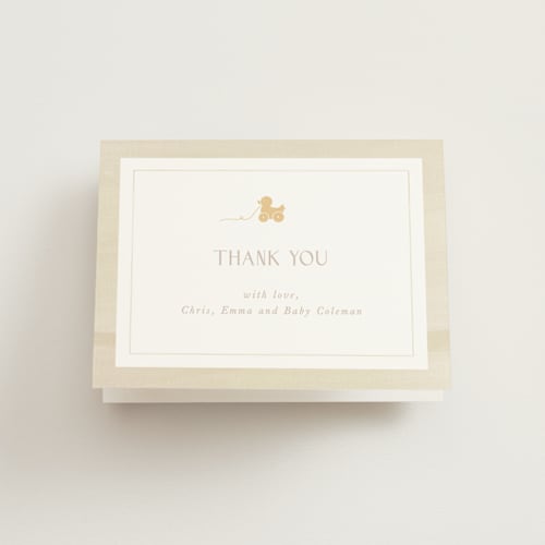 This is a buttercup baby shower thank you cards with standard by Melinda Denison called simply classic printing on strathmore in standard