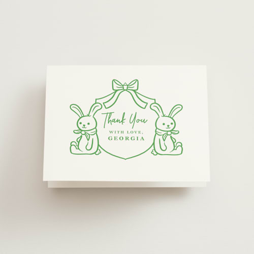 This is a lawn baby shower thank you cards with standard by mo kelley called stork crest printing on strathmore in standard