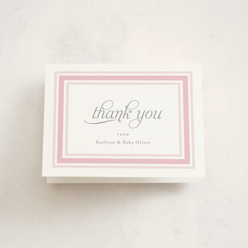 This is a rosy cheeks baby shower thank you cards with standard by Carolyn MacLaren called border ribbon printing on strathmore in standard