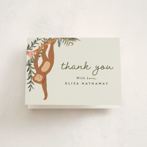 This is a moss baby shower thank you cards with standard by Joanna Griffin called jungle animals printing on strathmore in standard
