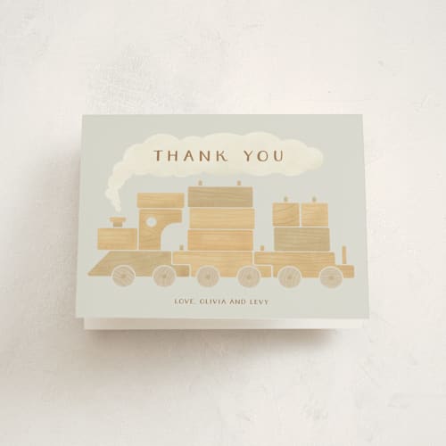 This is a slate baby shower thank you cards with standard by Adelyn T. called choo choo train printing on strathmore in standard