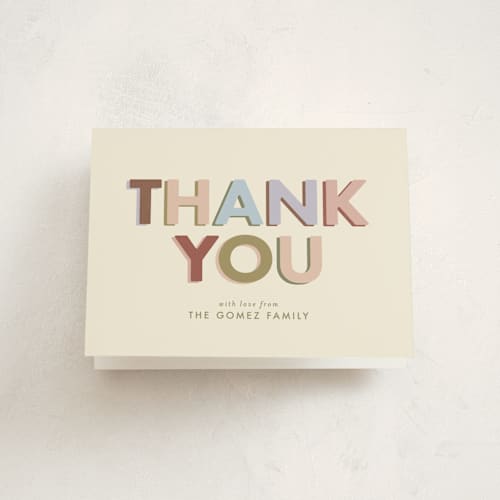 This is a muted baby shower thank you cards with standard by Ellen Schlegelmilch called block letters printing on strathmore in standard
