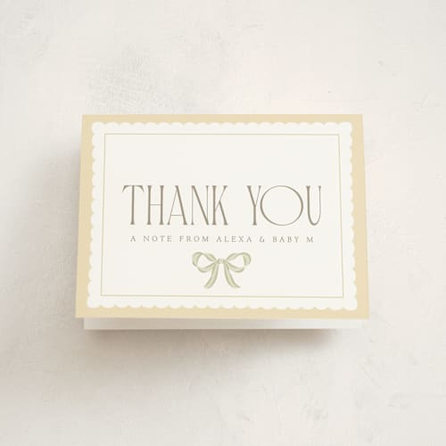 This is a lemon baby shower thank you cards with standard by Robert and Stella called ribbon toss printing on strathmore in standard