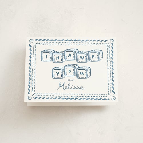 This is a baby blue baby shower thank you cards with standard by Claudia Orengo called letter box printing on strathmore in standard