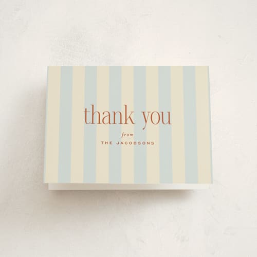 This is a powder blue baby shower thank you cards with standard by Ellen Schlegelmilch called we're having a party printing on strathmore in standard