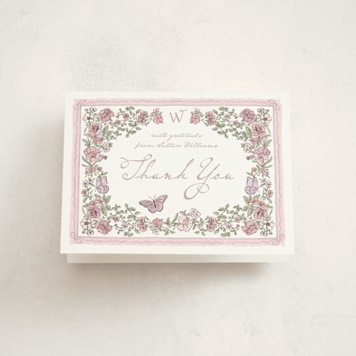 This is a heather baby shower thank you cards with standard by Jenna Holcomb called baby in bloom. printing on strathmore in standard