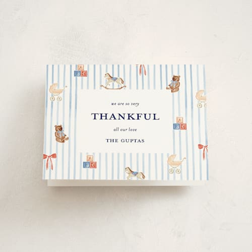 This is a cloud baby shower thank you cards with standard by Sarah Knight called pinstripe printing on strathmore in standard