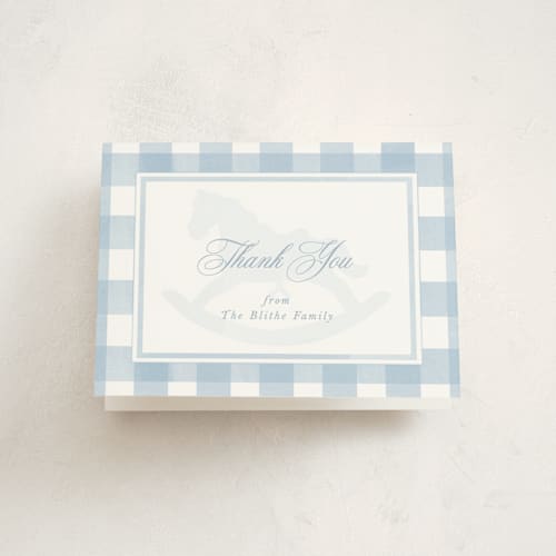 This is a sky baby shower thank you cards with standard by Melinda Denison called classic gingham printing on strathmore in standard