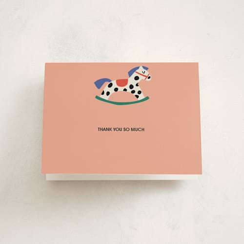 This is a peach baby shower thank you cards with standard by Harriet Richter called rocking baby shower printing on strathmore in standard