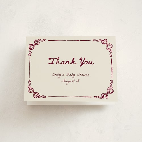 This is a rosewood baby shower thank you cards with standard by Cass Loh called bow corners printing on strathmore in standard