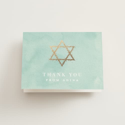 This is a aquamarine bar mitzvah bat mitzvah invitations with foil pressed by Julia Hall called graceful printing on strathmore in standard