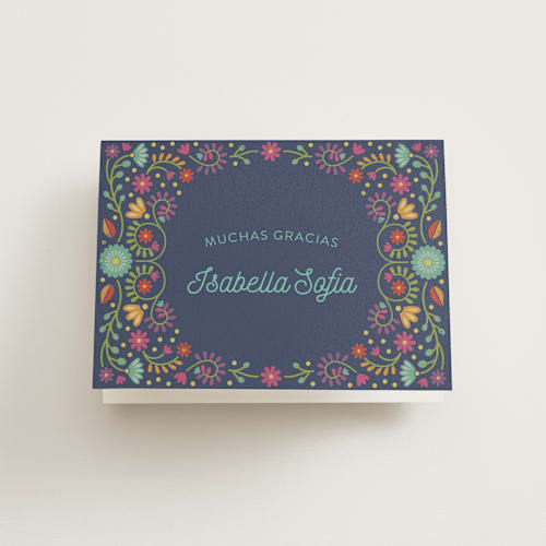 This is a navy kids thank you cards with standard by Laura Hankins called fiesta floral printing on strathmore in standard