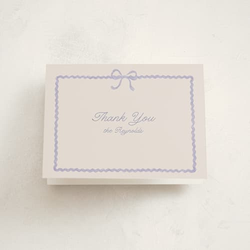 This is a lavender kids thank you cards with standard by Tamara Hilje called ric rac nostalgia printing on strathmore in standard