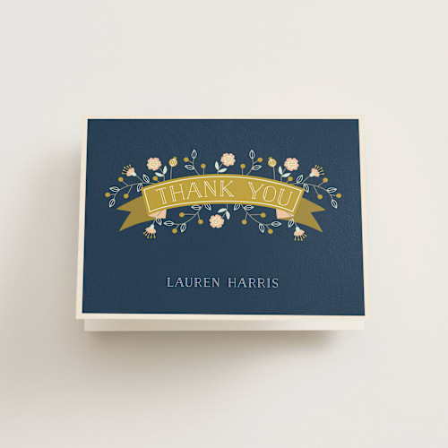 This is a midnight kids thank you cards with standard by Nam Bourassa called floral banner printing on strathmore in standard