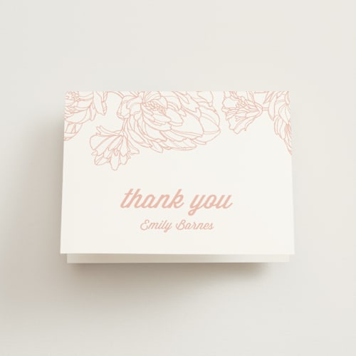 This is a peach kids thank you cards with standard by Paper Raven Co. called watercolor peonies printing on strathmore in standard