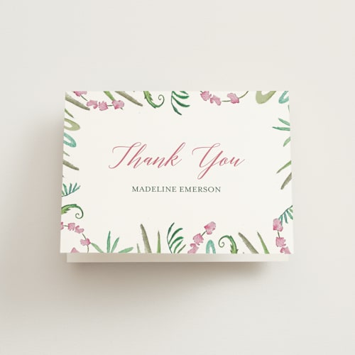This is a fuschia kids thank you cards with standard by Hallie Fischer called tropical crest printing on strathmore in standard
