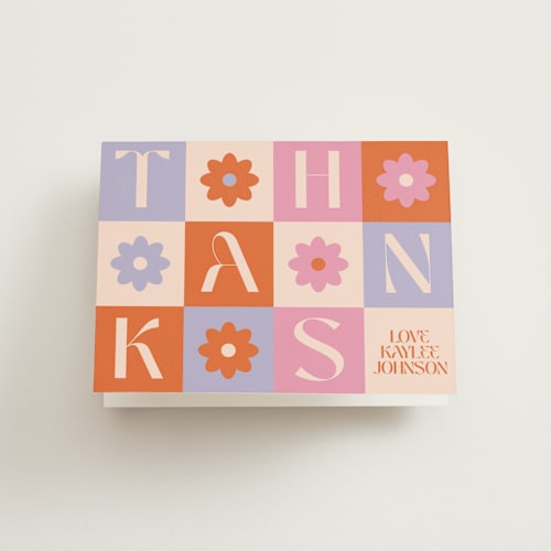 This is a bubblegum kids thank you cards with standard by Jenna Holcomb called checked printing on strathmore in standard