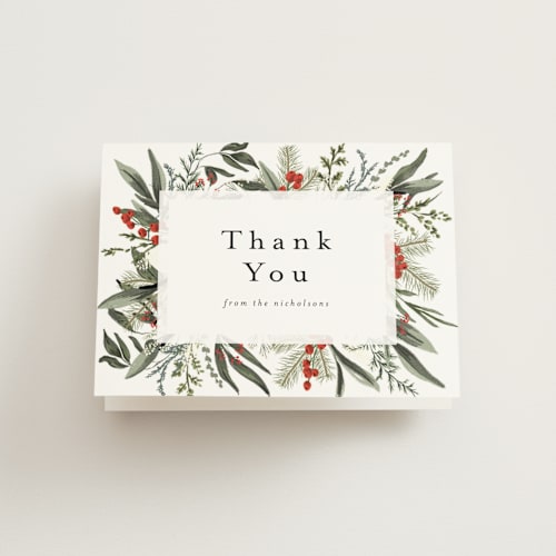 This is a holly berry thank you cards with standard by Susan Moyal called holiday botanical printing on strathmore in standard