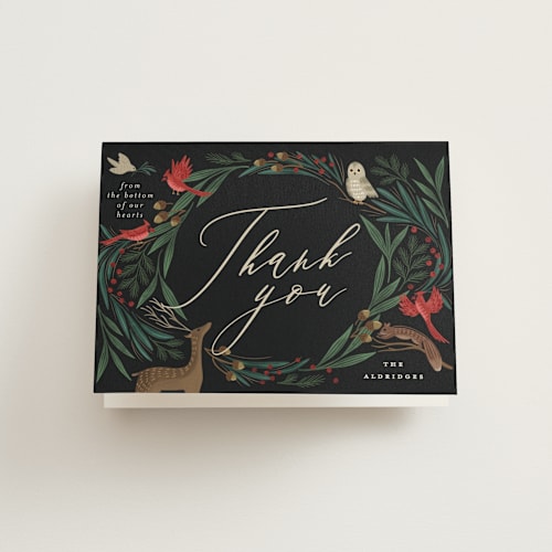 This is a holly berry thank you cards with standard by Grae called holiday faunae printing on strathmore in standard