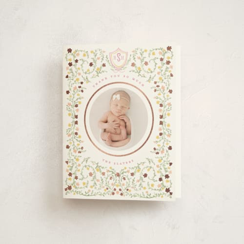 This is a cotton candy baby thank you cards with foil pressed by Creo Study called cottagecore printing on strathmore in standard