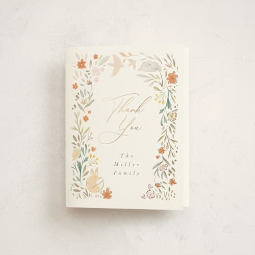 This is a peach baby thank you cards with foil pressed by Hannah Williams called garden fox printing on strathmore in standard