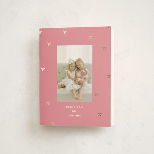 This is a bubblegum baby thank you cards with foil pressed by Baumbirdy called embellished bows printing on strathmore in standard