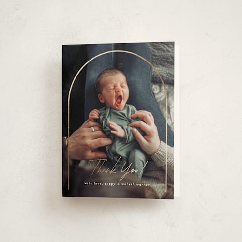 This is a linen baby thank you cards with foil pressed by Erica Krystek called classic arch printing on strathmore in standard