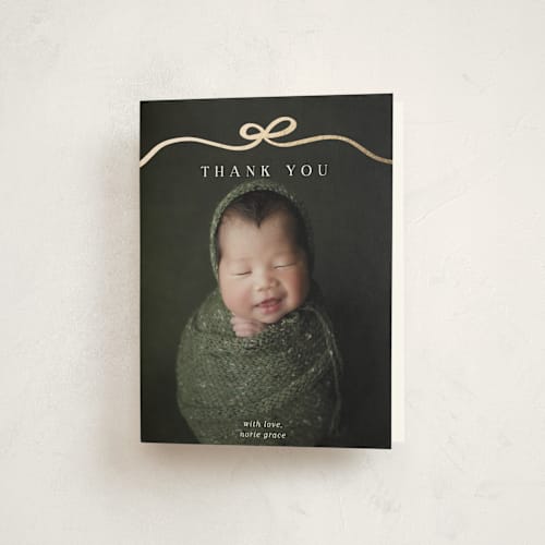 This is a cotton baby thank you cards with foil pressed by Kaydi Bishop called bow tied printing on strathmore in standard