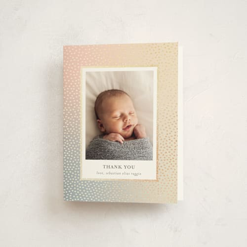 This is a sunrise baby thank you cards with foil pressed by Townsend Majors called mini confetti printing on strathmore in standard