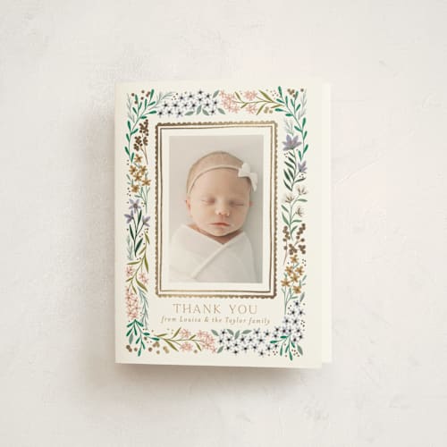 This is a lavender baby thank you cards with foil pressed by Alethea and Ruth called wildflower frame printing on strathmore in standard