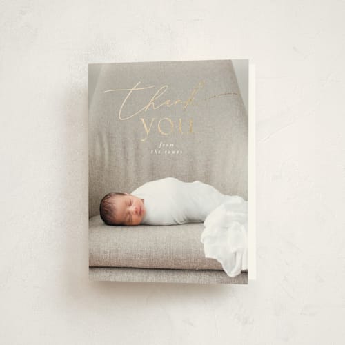 This is a parchment baby thank you cards with foil pressed by Everett Paper Goods called mist printing on strathmore in standard
