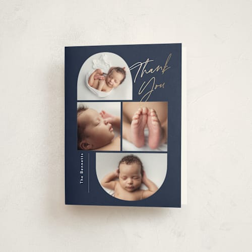This is a navy baby thank you cards with foil pressed by Carolyn MacLaren called so current printing on strathmore in standard