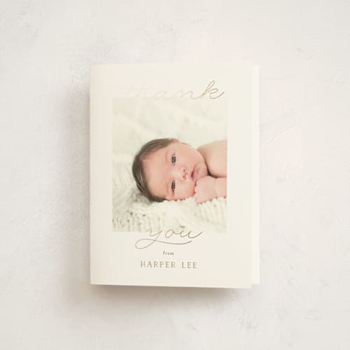 This is a honey baby thank you cards with foil pressed by Carolyn MacLaren called glittering hello printing on strathmore in standard