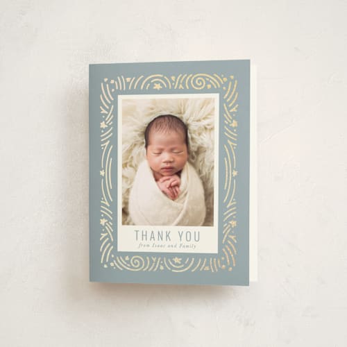 This is a slateblue baby thank you cards with foil pressed by Meggy Masters called star bright printing on strathmore in standard