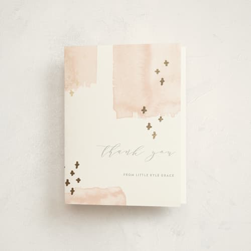 This is a pale pink baby thank you cards with foil pressed by Oscar and Emma - Karly Depew called tiny love printing on strathmore in standard