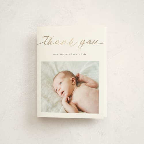 This is a cotton baby thank you cards with foil pressed by Carolyn MacLaren called big introductions printing on strathmore in standard
