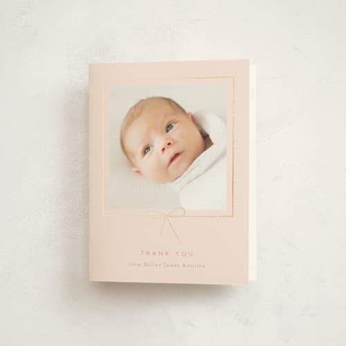 This is a petal baby thank you cards with foil pressed by Baumbirdy called little bow printing on strathmore in standard
