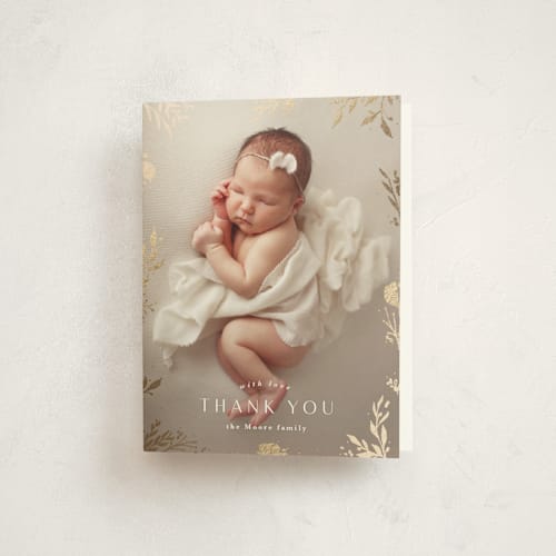 This is a sand baby thank you cards with foil pressed by Kate Ahn called sparkling florals printing on strathmore in standard