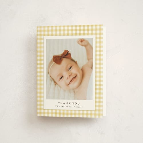 This is a marigold baby thank you cards with standard by Jessie Steury called gingham printing on strathmore in standard