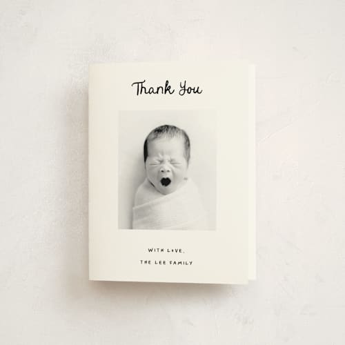 This is a snow baby thank you cards with standard by AK Graphics called cursive printing on strathmore in standard