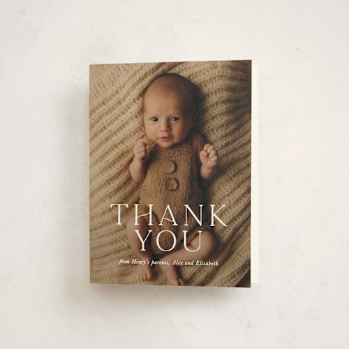This is a powder baby thank you cards with standard by Melissa Egan of Pistols called refined printing on strathmore in standard