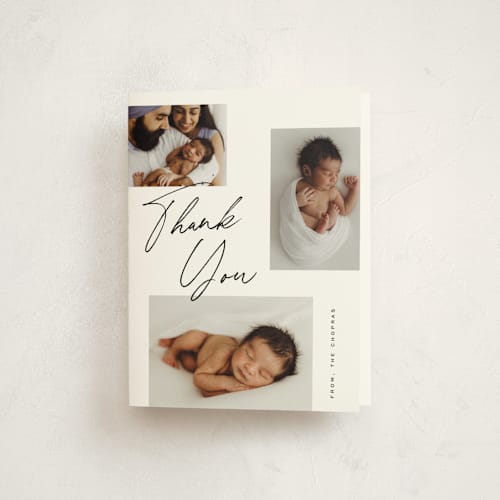This is a charcoal baby thank you cards with standard by Michelle Taylor called scattered trio printing on strathmore in standard