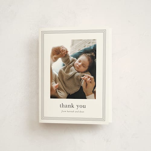 This is a cotton baby thank you cards with standard by Stacey Meacham called classy frame printing on strathmore in standard