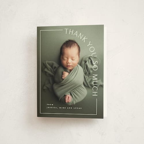 This is a snow baby thank you cards with standard by Lauren Chism called take shape printing on strathmore in standard