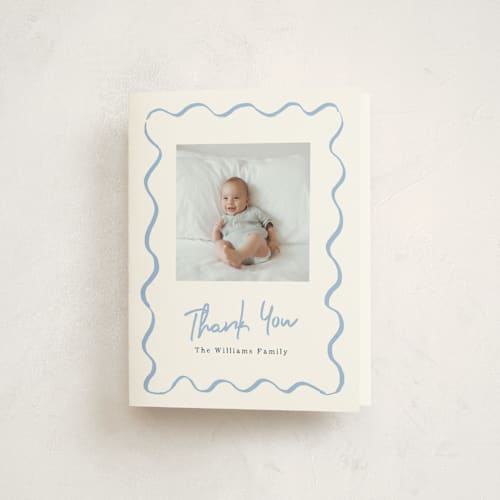 This is a dusty blue baby thank you cards with standard by Cass Loh called handdrawn wavy frame printing on strathmore in standard