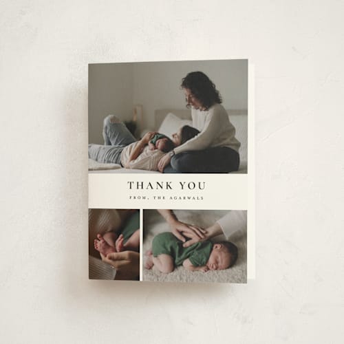 This is a noir baby thank you cards with standard by Wildfield Paper Co called quartzite printing on strathmore in standard