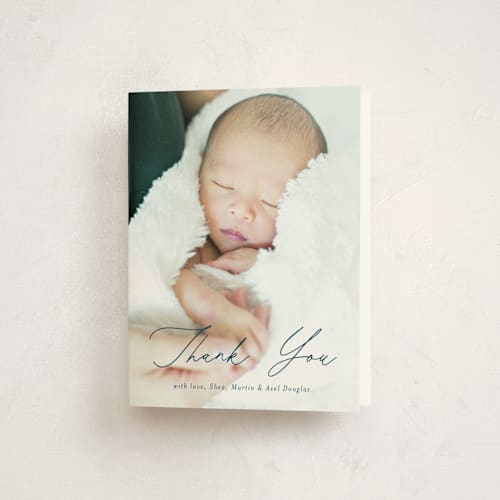This is a lake baby thank you cards with standard by Stacey Meacham called modern scribe printing on strathmore in standard